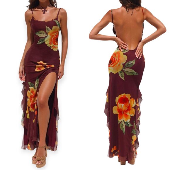 TIGER MIST Burgundy Macro Floral Neve Dress Size S Low Back Ruffle Maxi - Picture 1 of 13